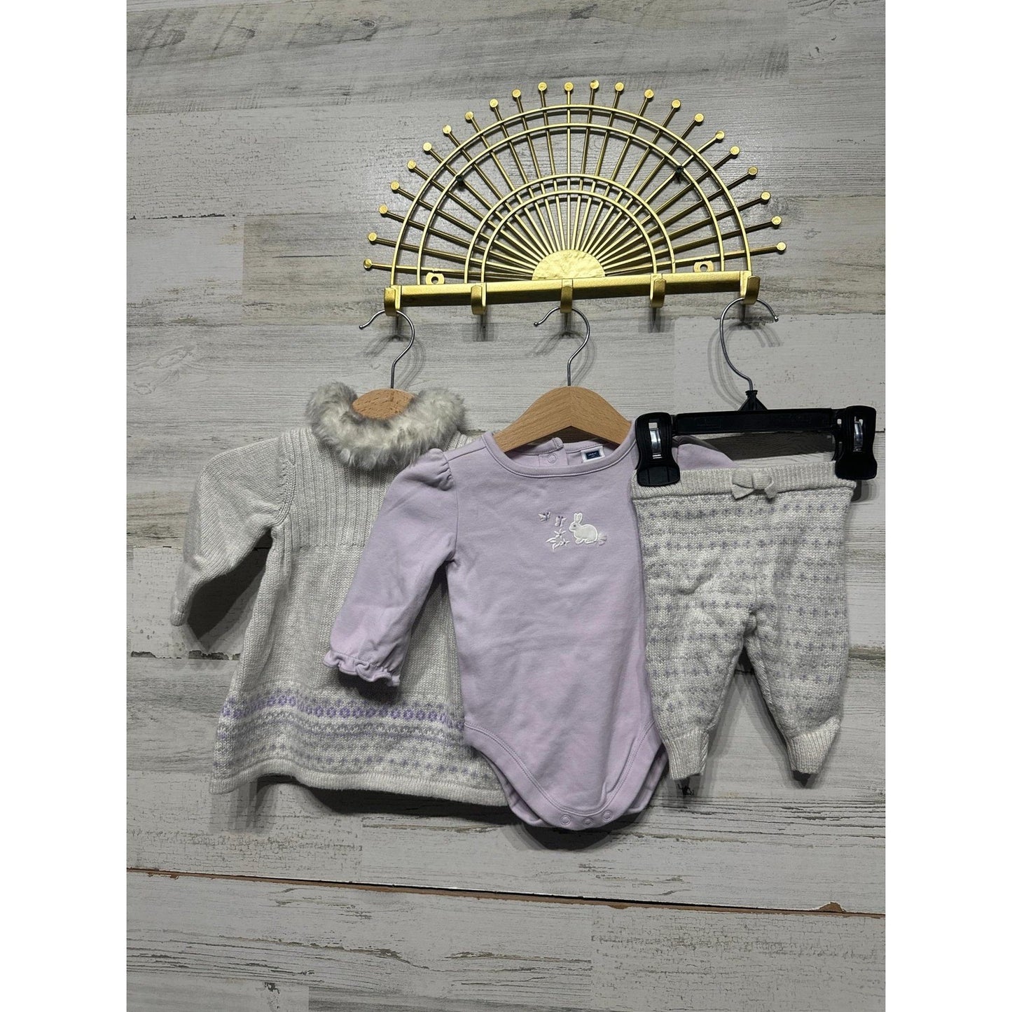 Janie and Jack Outfit Set Girls 0-3M Grey Lavender Faux Fur Bunny Knit0