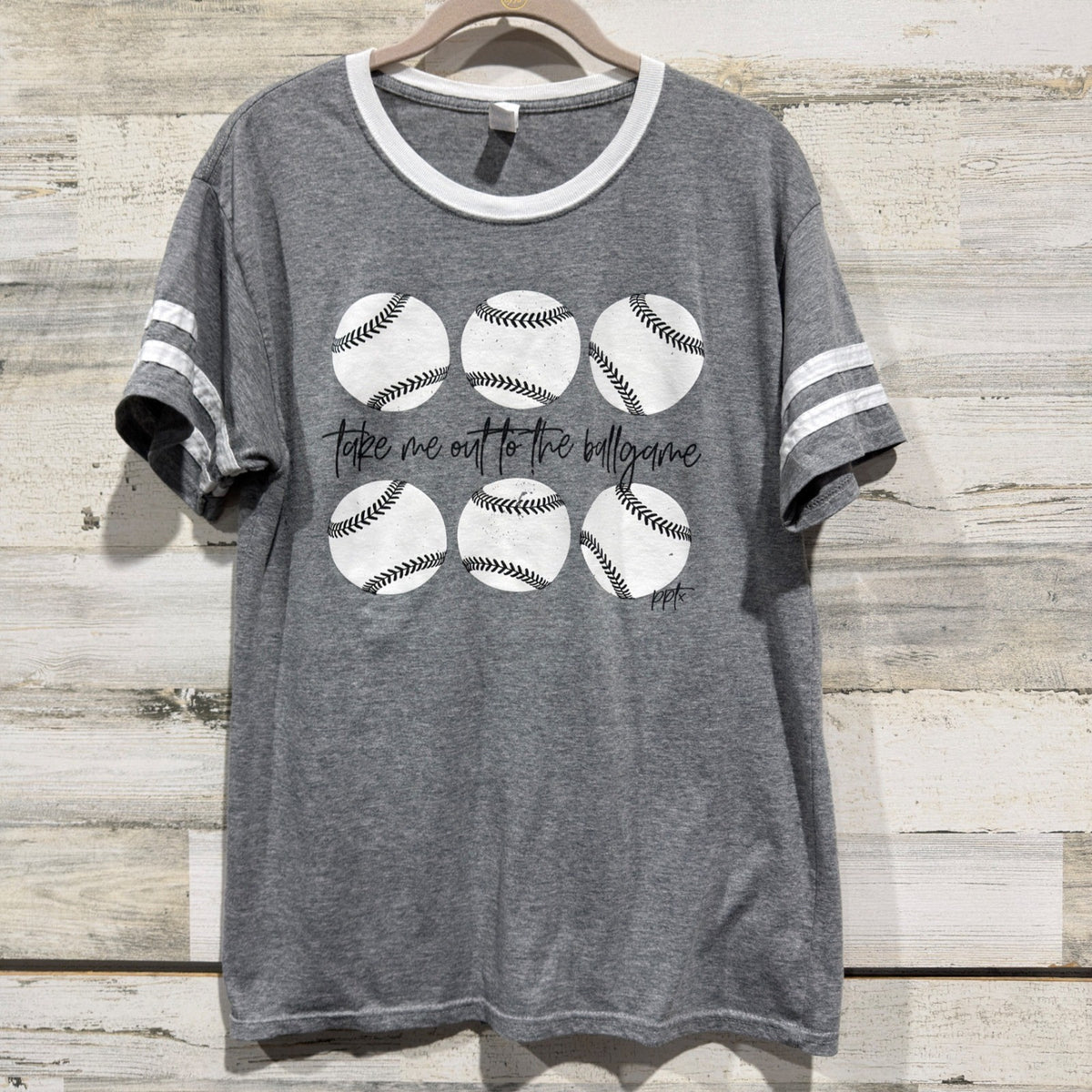 Jerzees Graphic Tee Women M Gray Baseball Take Me Out To The Ballgame GUC*0
