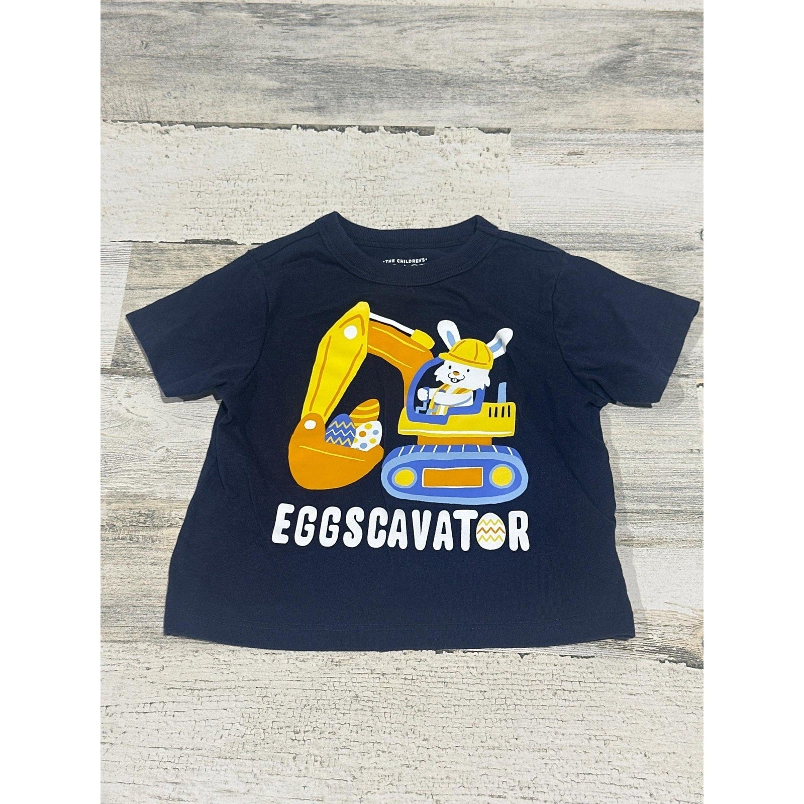 The Children's Place Graphic Tee Boys 12-18M Navy Eggscavator Easter EUC0