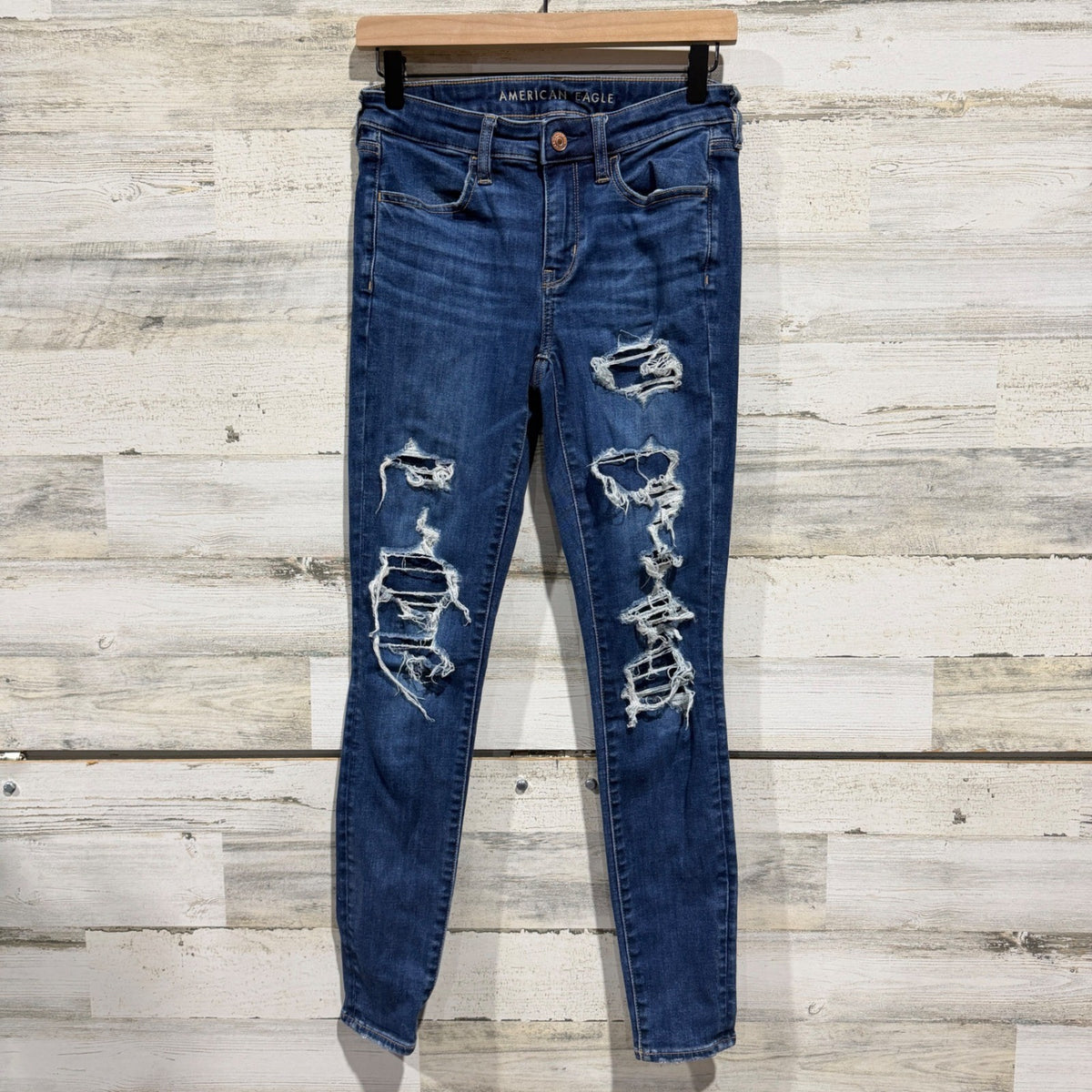 American Eagle Next Level Stretch Skinny Jeans Women 4 Distressed Denim EUC0