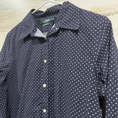 Lauren Ralph Lauren Non Iron Button Down Shirt Women L Navy Polka Dot Cotton1