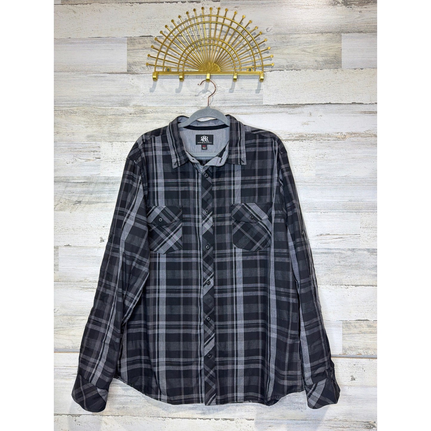 Rock and Republic Button Down Shirt Men XXL Grey Black Plaid Grunge Rocker EUC0