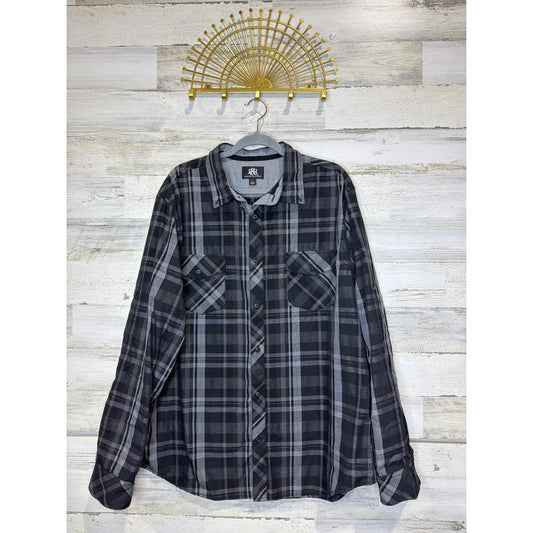 Rock and Republic Button Down Shirt Men XXL Grey Black Plaid Grunge Rocker EUC0