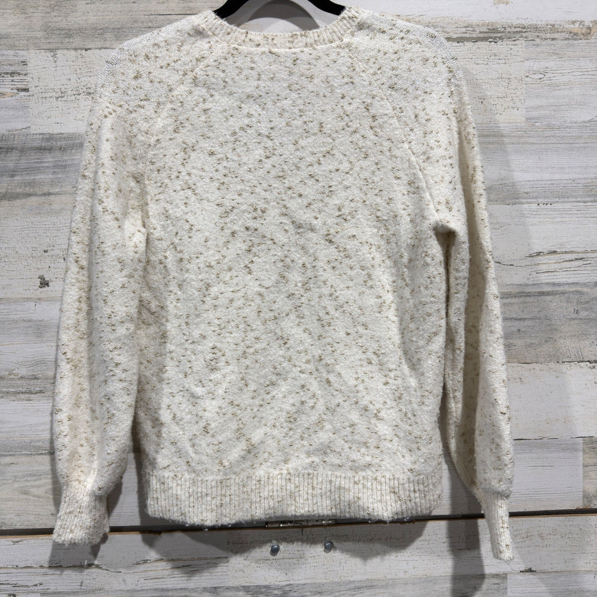 LOFT V-Neck Pullover Sweater Womens S Cream Gold Metallic Knit Holiday EUC4