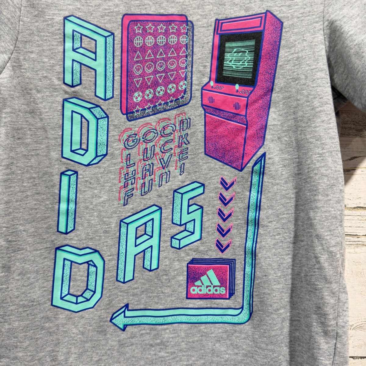 Adidas Graphic Tee Boys Size 7 Gray Arcade Gamer Retro Sporty EUC1