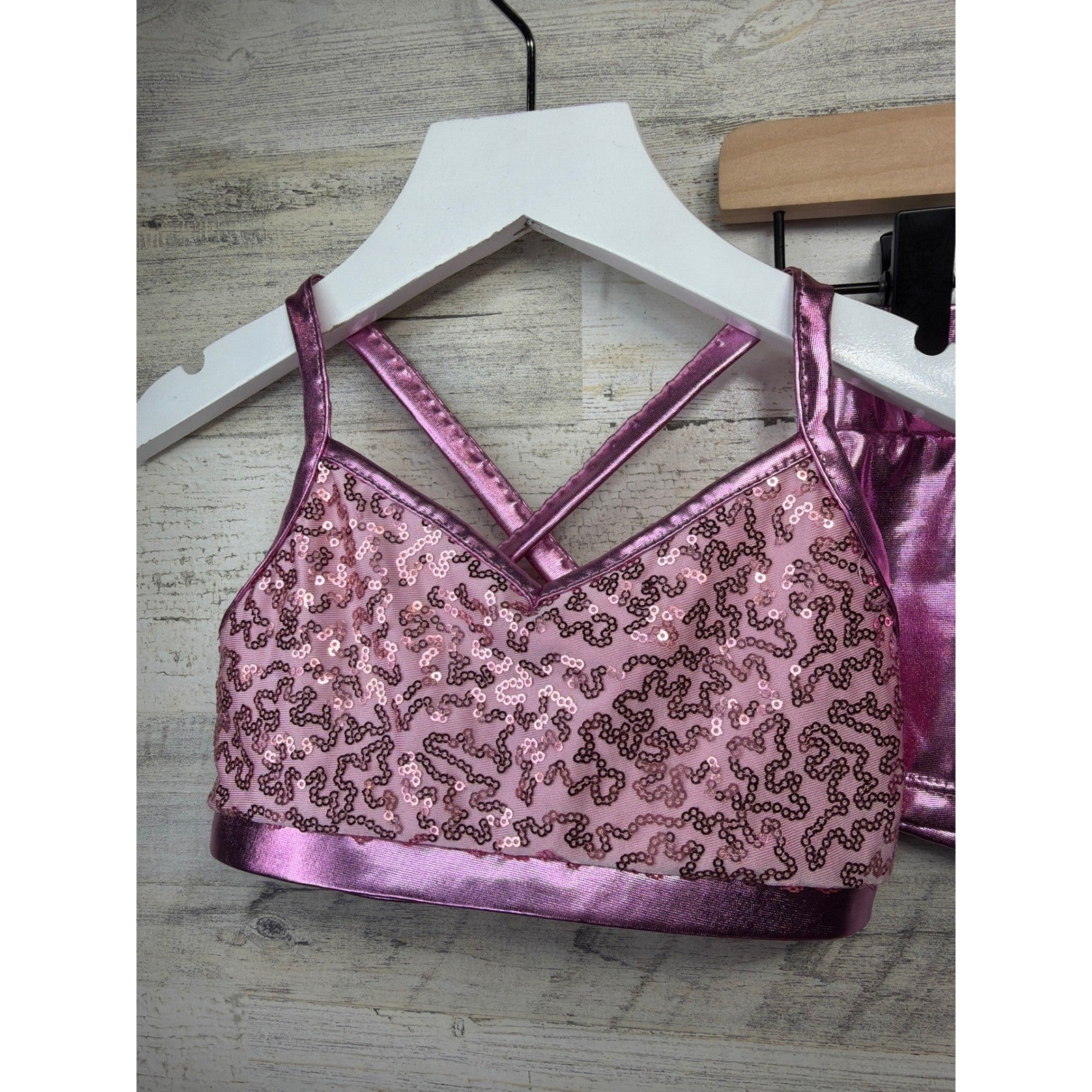 IEFIEL Dance Set Girls Size 6 Pink Sequin Metallic Performance Barbiecore EUC1