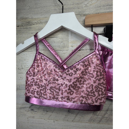 IEFIEL Dance Set Girls Size 6 Pink Sequin Metallic Performance Barbiecore EUC1
