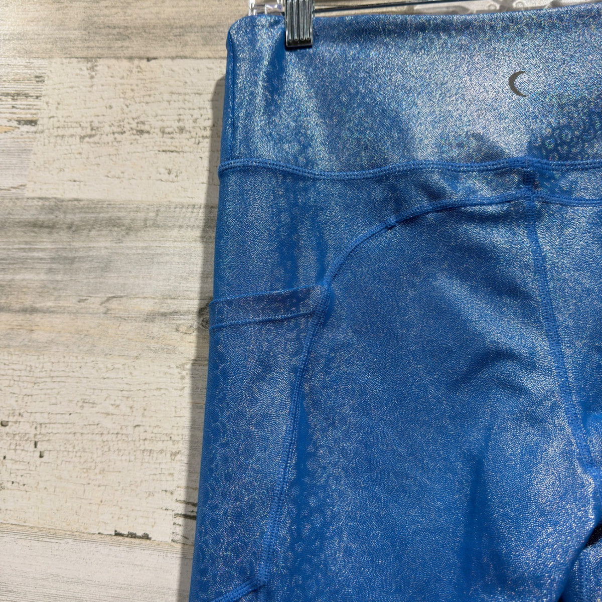 Zyia Metallic Leopard Pocket Leggings Women 6-8 Blue Shimmer Print EUC4