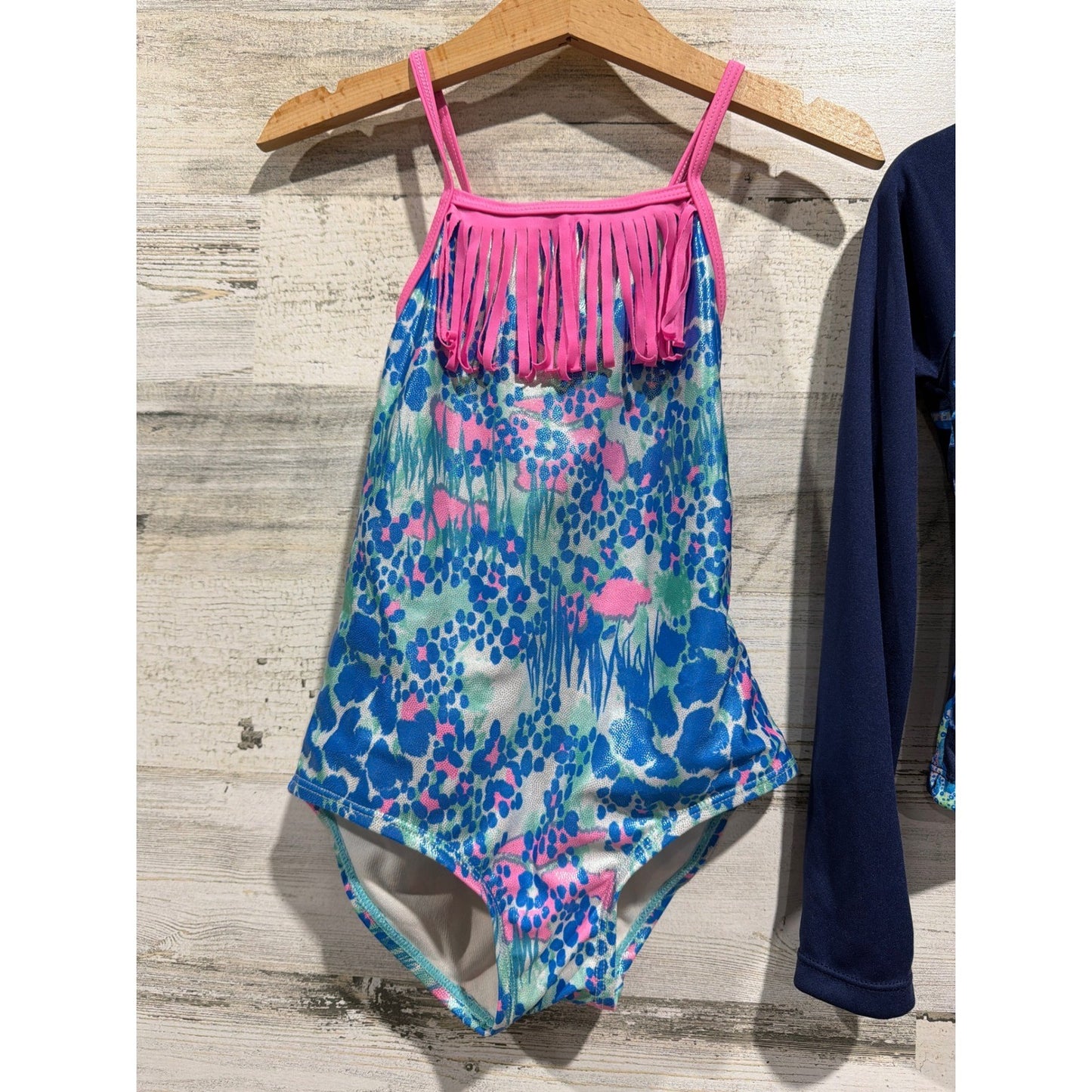 Swim Bundle George Lands End Rash Guard Girls 4 Blue Pink Fringe Starfish EUC1