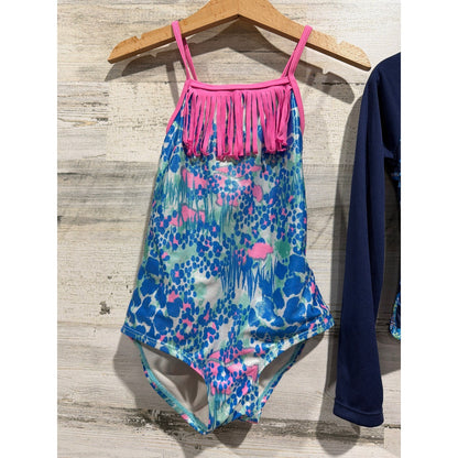 Swim Bundle George Lands End Rash Guard Girls 4 Blue Pink Fringe Starfish EUC1