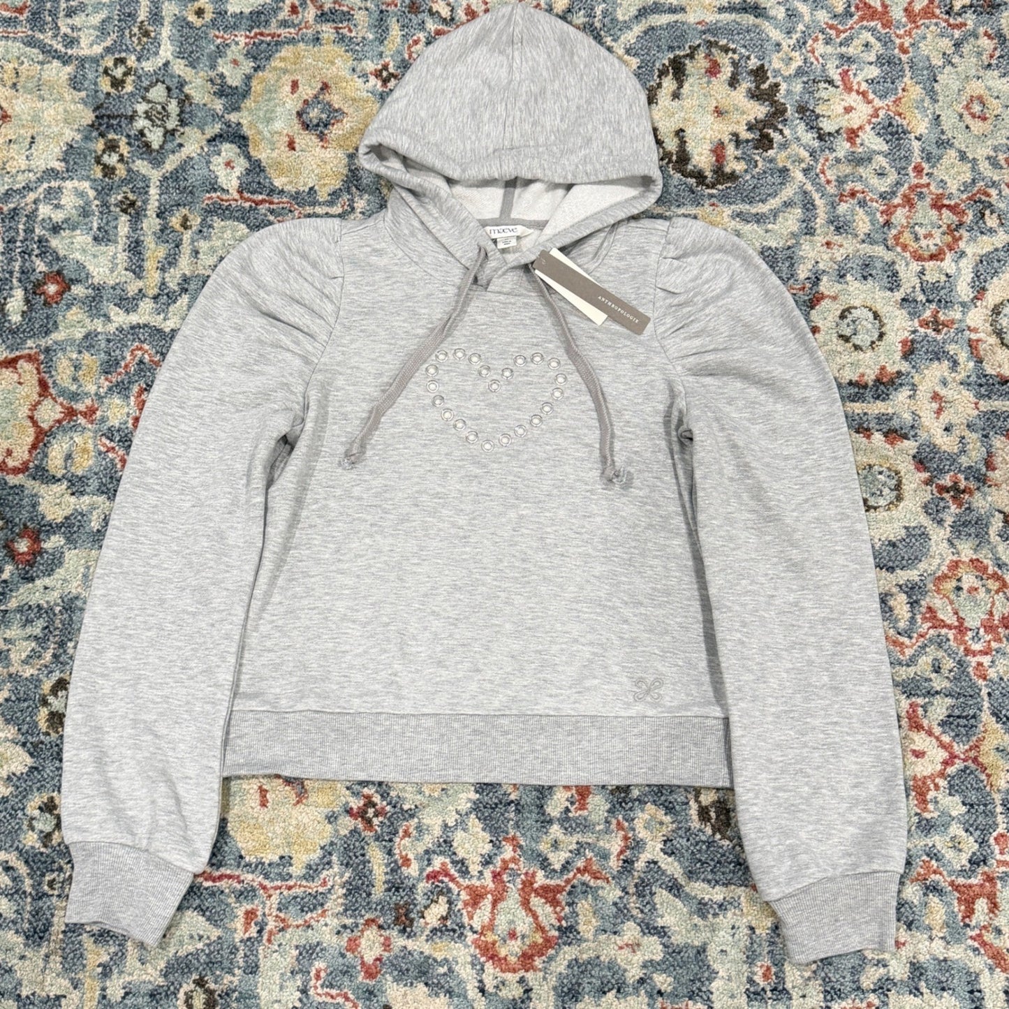 Maeve Anthropologie Hoodie Women XS Gray Grommet Heart Puff Sleeve Coquette NWT1