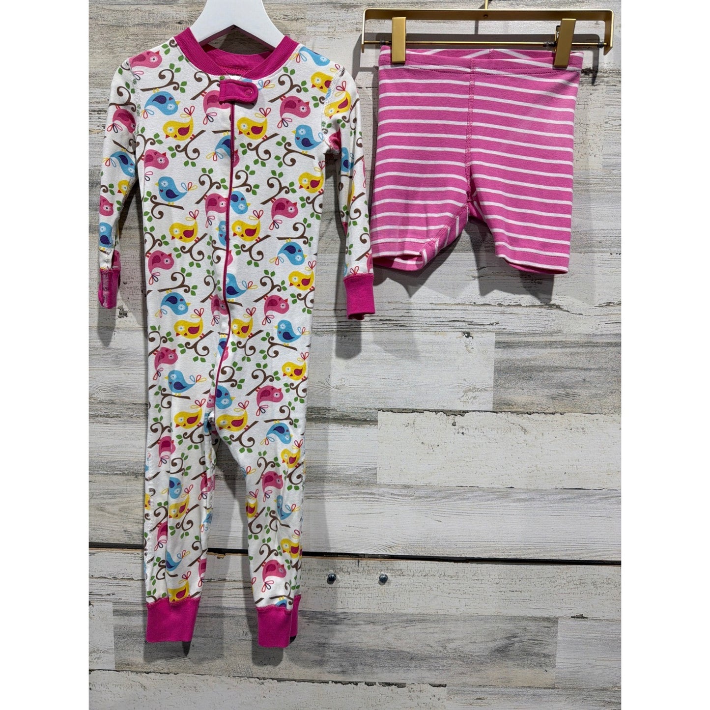 Hanna Andersson PJ Bundle Girls 3T Pink Bird Print Striped Organic Cotton EUC0