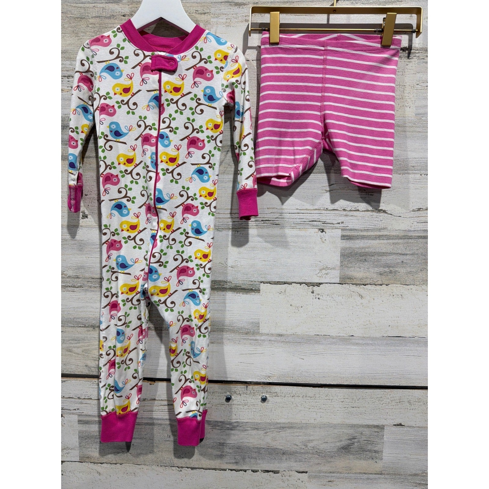 Hanna Andersson PJ Bundle Girls 3T Pink Bird Print Striped Organic Cotton EUC0