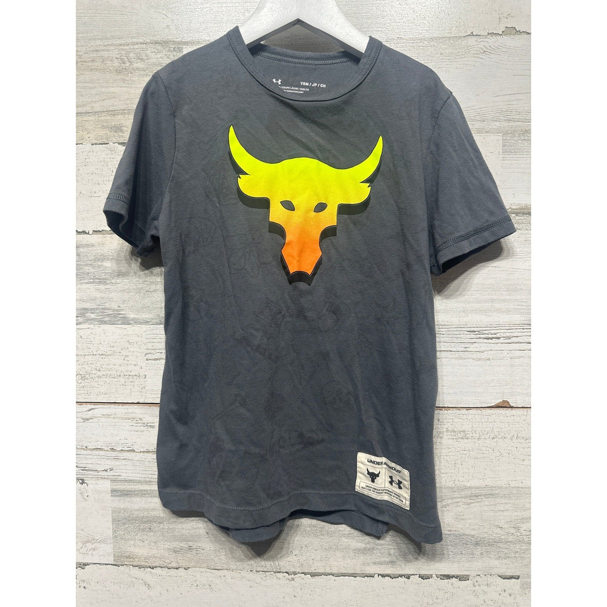 Under Armour Project Rock T-Shirt Boys Small Gray Brahma Bull Graphic GUC0