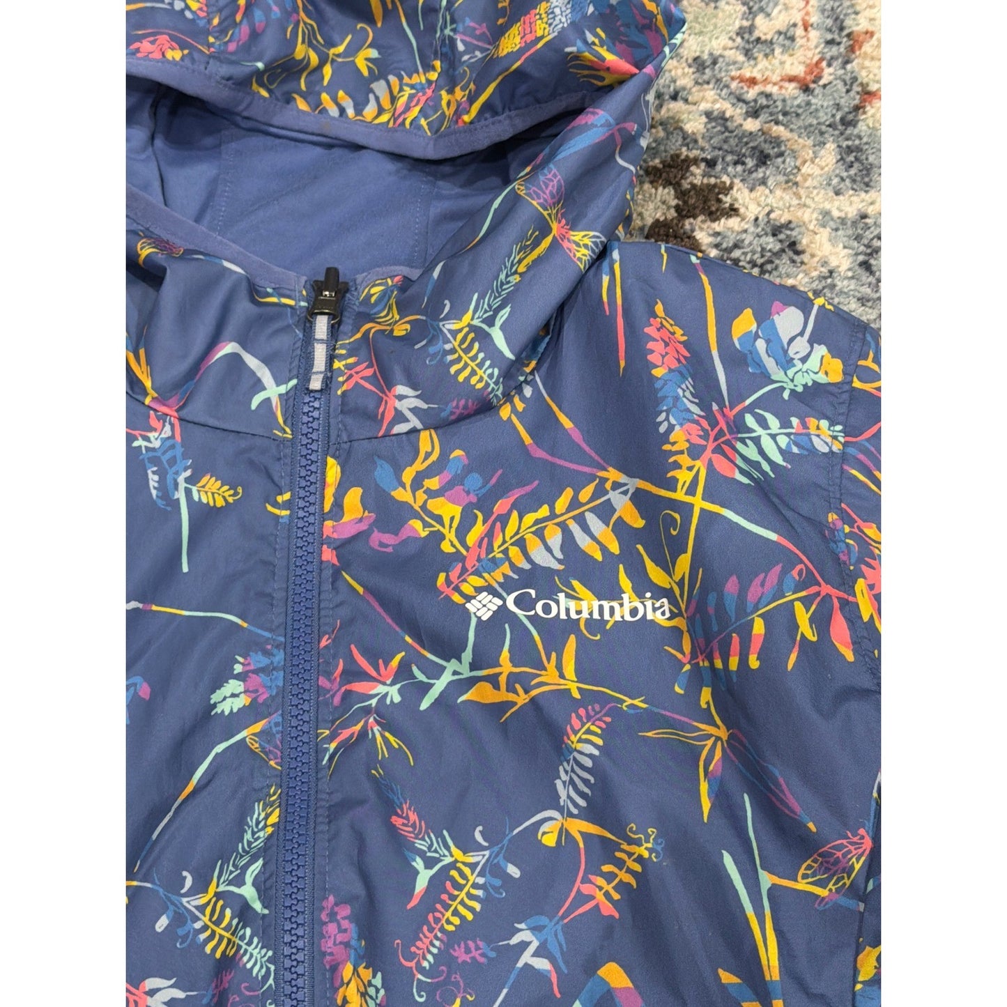 Columbia Reversible Jacket Girls L 14/16 Navy Floral Windbreaker Hooded EUC1