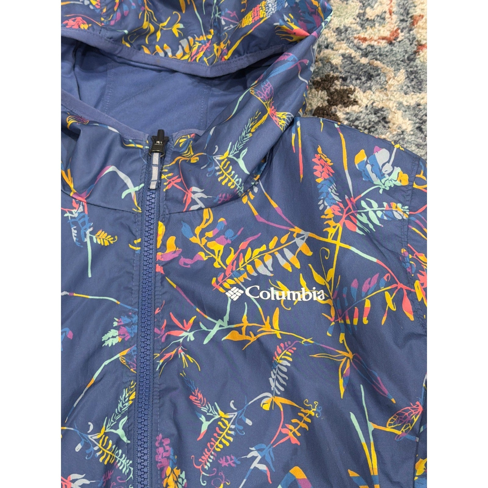 Columbia Reversible Jacket Girls L 14/16 Navy Floral Windbreaker Hooded EUC1