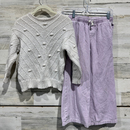 Zara Cat & Jack Sweater & Pants Set Girls 7/8 Purple Ivory Knit Wide Leg Boho0