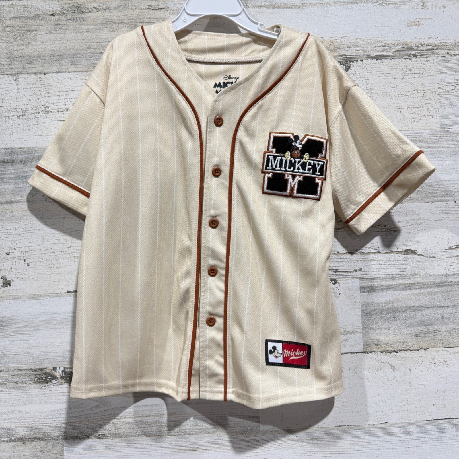 Disney Baseball Jersey Boys 6/7 Cream Pinstripe Mickey Mouse Sporty EUC0