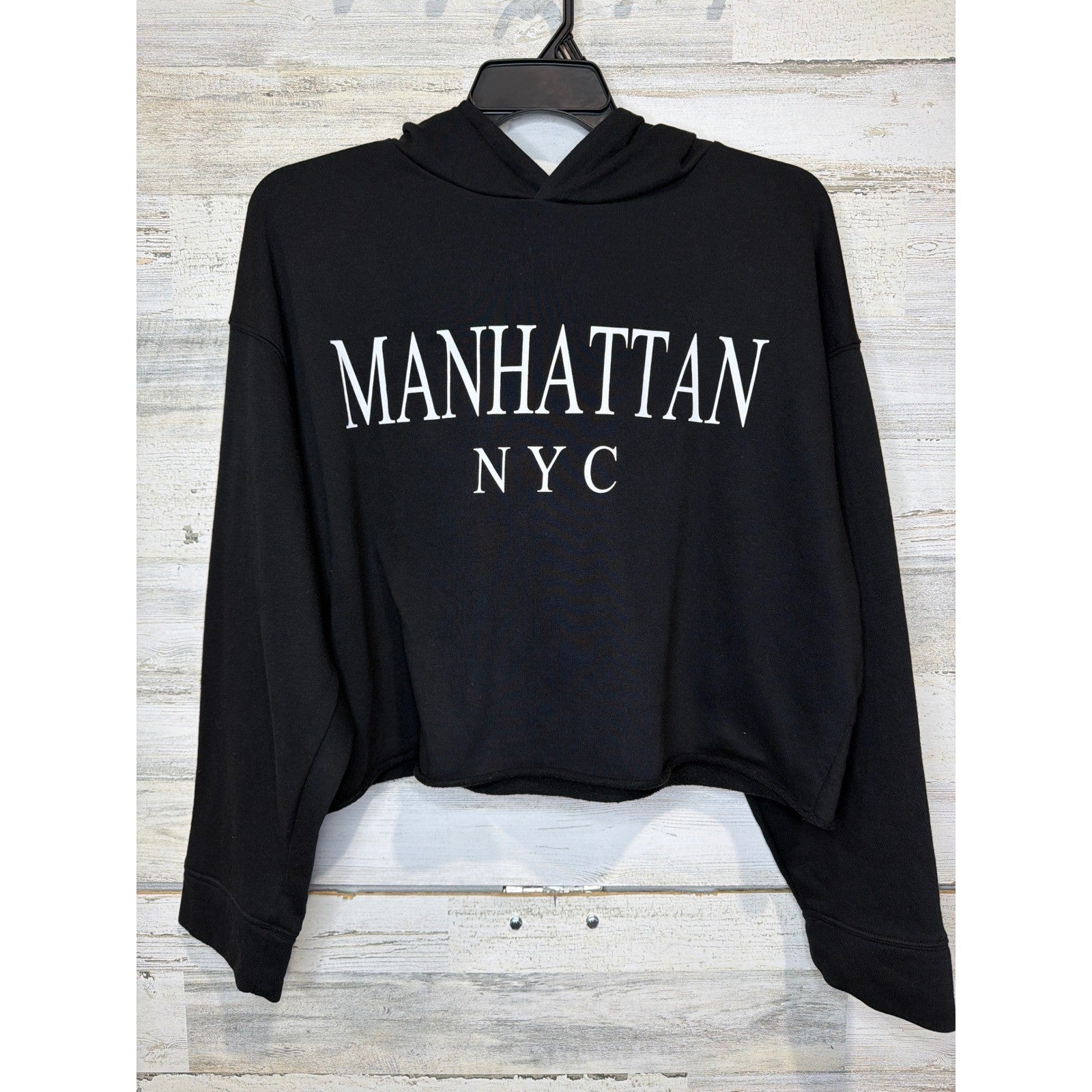 Zara Hoodie Women Large Black Manhattan NYC Cropped Boxy Streetwear EUC0