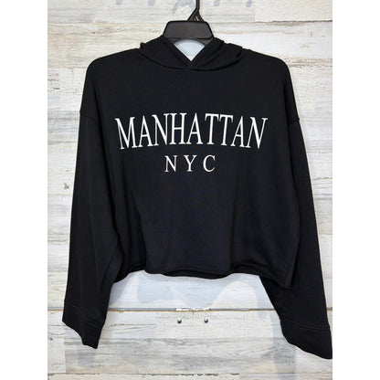 Zara Hoodie Women Large Black Manhattan NYC Cropped Boxy Streetwear EUC0