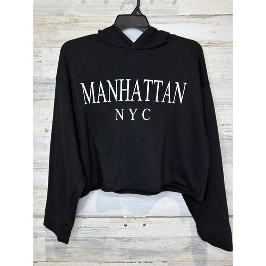 Zara Hoodie Women Large Black Manhattan NYC Cropped Boxy Streetwear EUC0
