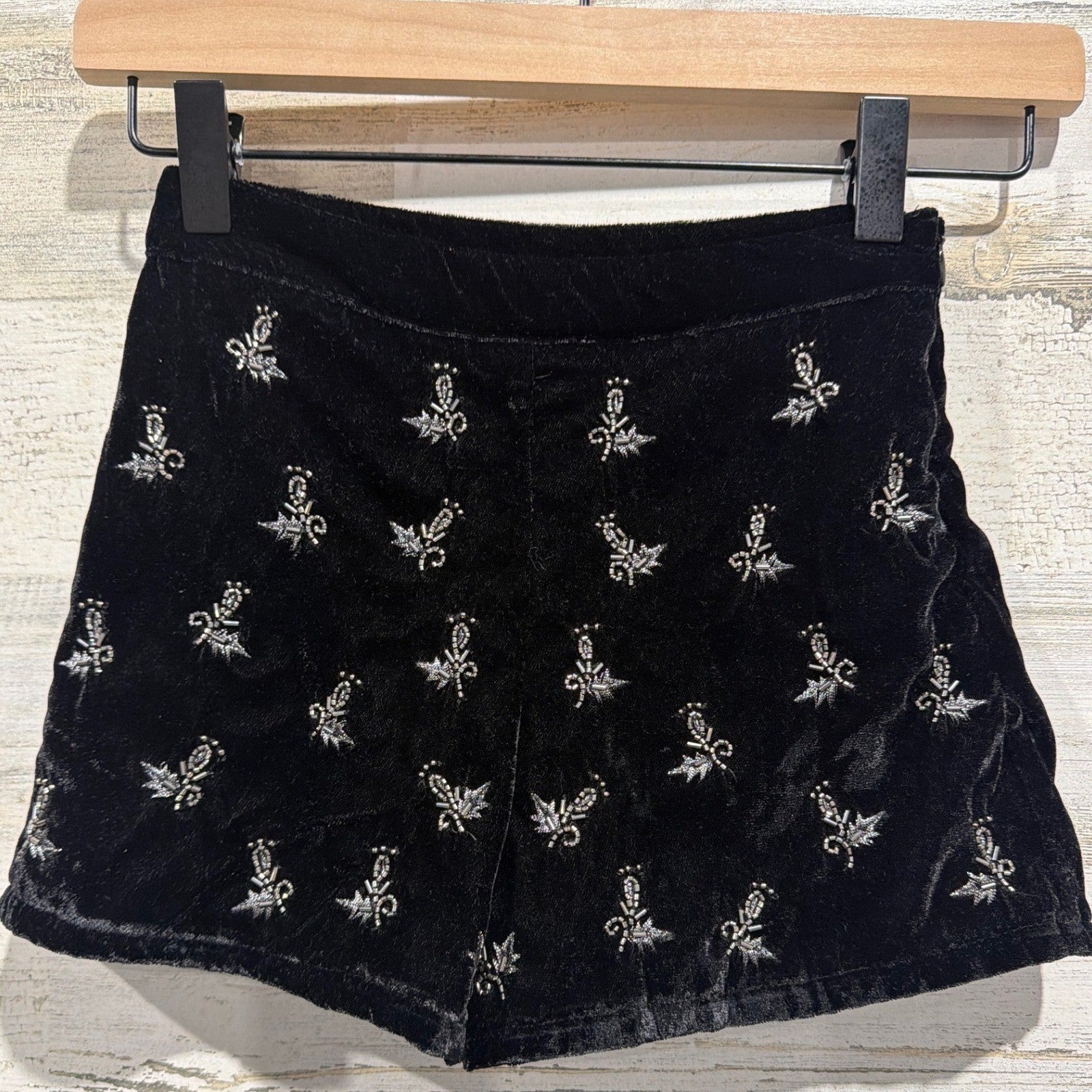 Zara Velvet Shorts Girls 6 Black Silver Beaded Embroidered Coquette EUC0
