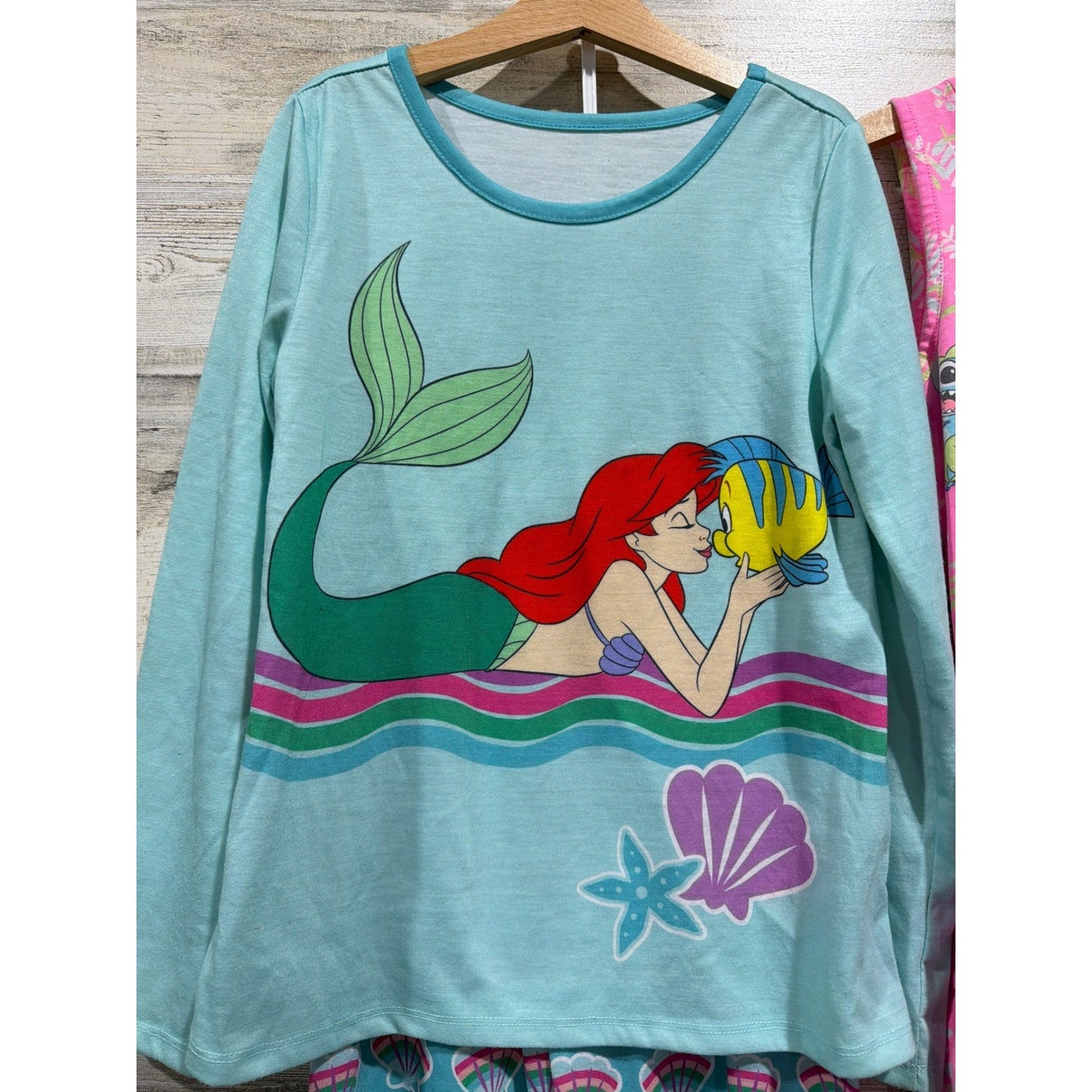 Disney Pajamas Dress Girls 7/8 Teal Pink Ariel Stitch Mermaidcore EUC1