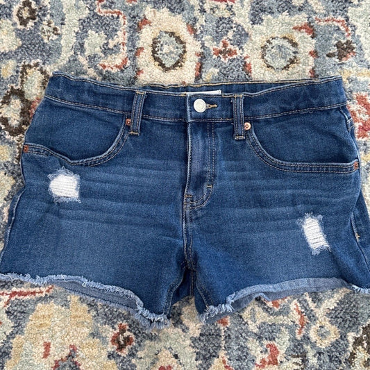Levi Denim Girlfriend Shorts Girls 14/16 Blue Distressed Raw Hem EUC0