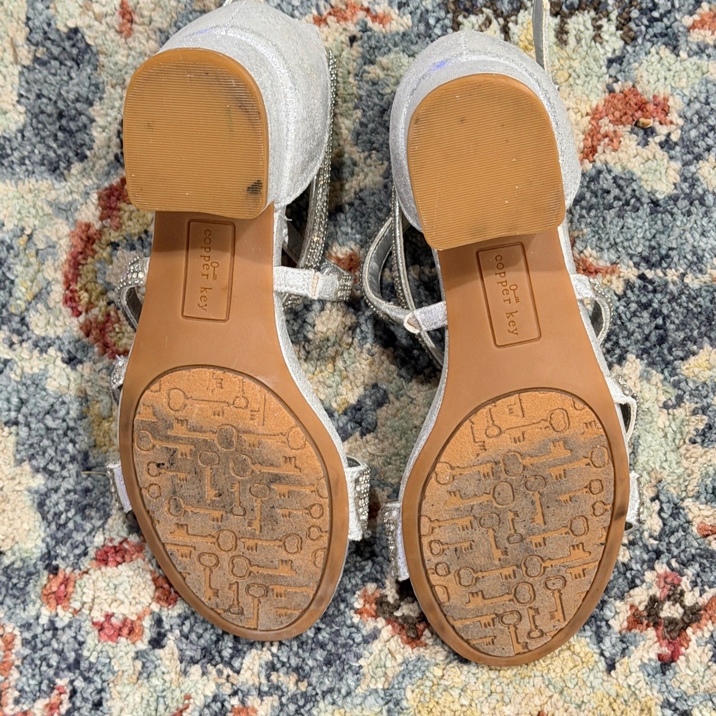 Copper Key Rhinestone Dress Sandals Girls 1 Silver Glitter Block Heel Glam GUC7