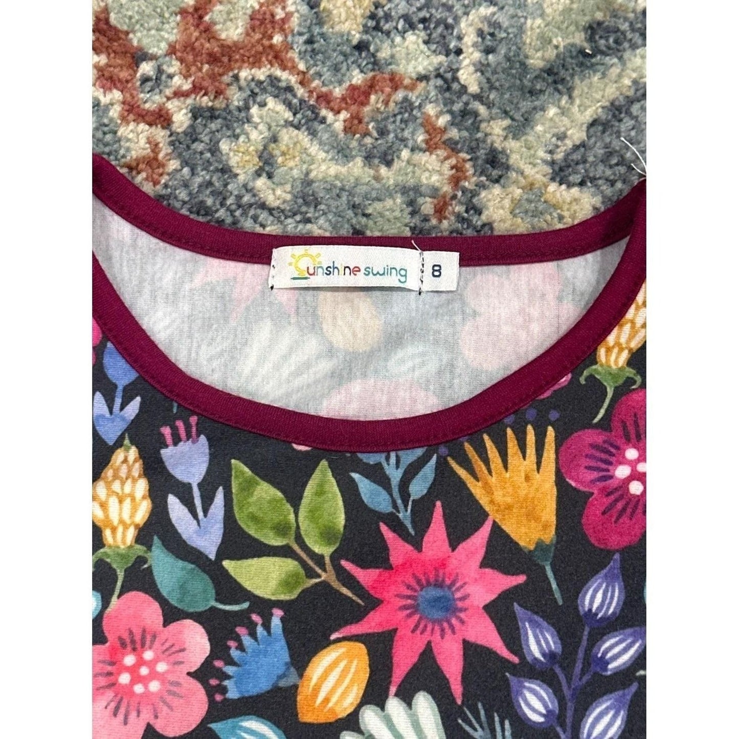 Sunshine Swing Dress Girls Size 8 Black Floral Horse Graphic Long Sleeve EUC2