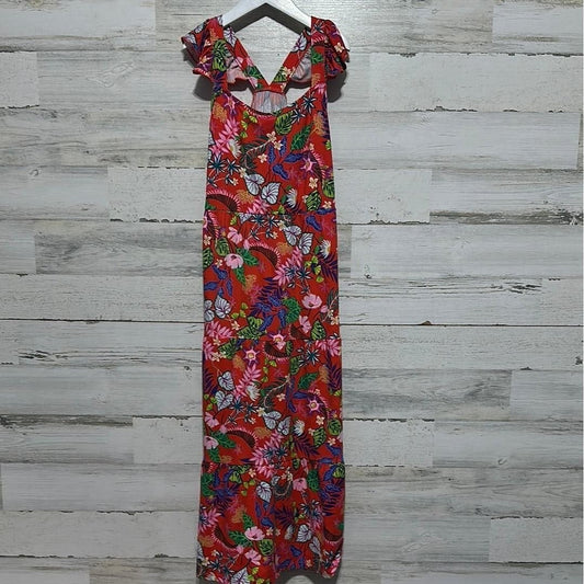 Wonder Nation Maxi Dress Girls 10/12 Red Tropical Floral Ruffle Tiered EUC0