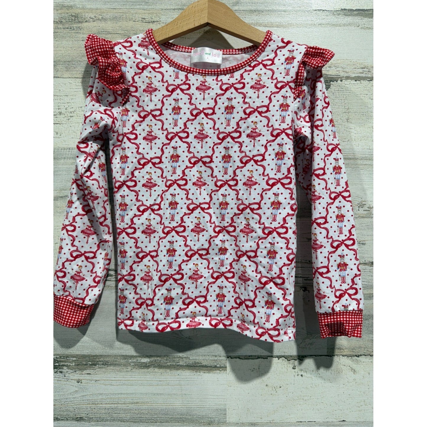 Cecil and Lou Shirt Girls 6 Red Nutcracker Ballerina Ruffle Holiday EUC0