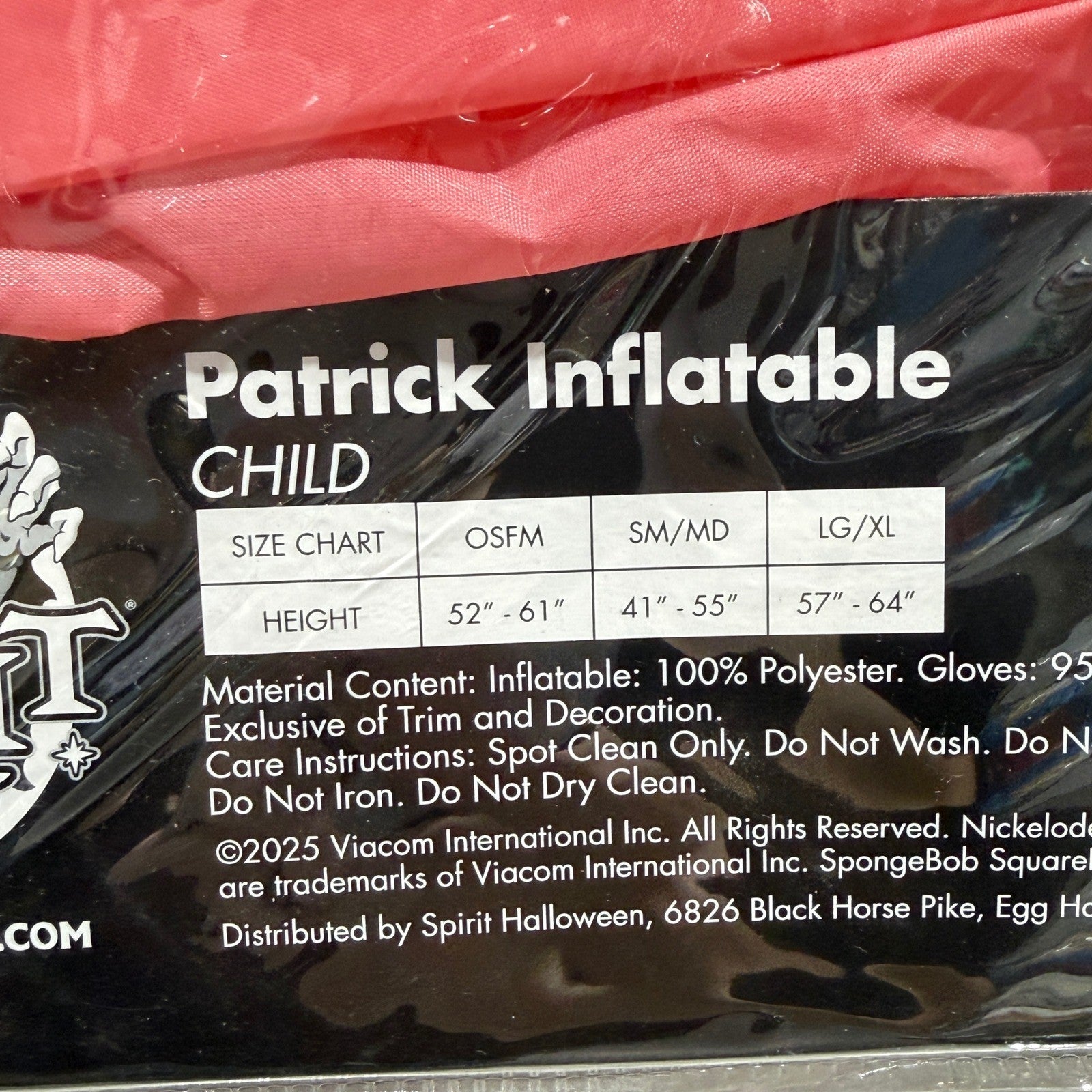 Spirit Halloween Patrick Inflatable Child SM/MD 4-10 Pink SpongeBob Core NWT5