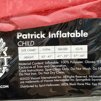 Spirit Halloween Patrick Inflatable Child SM/MD 4-10 Pink SpongeBob Core NWT5