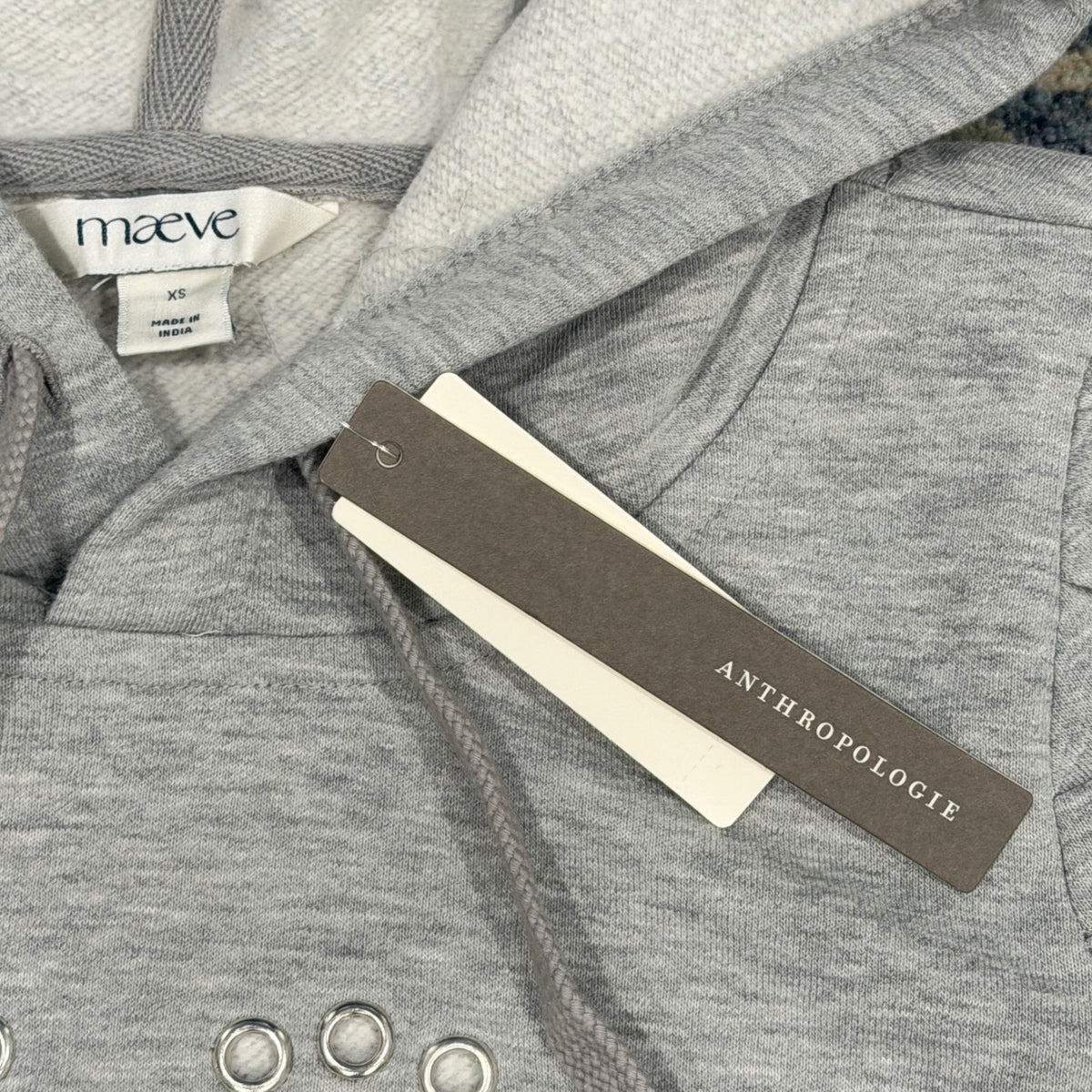 Maeve Anthropologie Hoodie Women XS Gray Grommet Heart Puff Sleeve Coquette NWT2