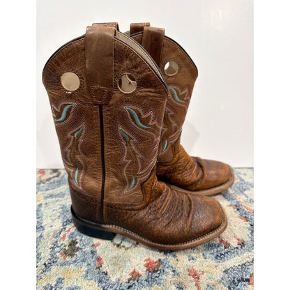 Old West Cowboy Boots Boys Size 13 D Brown Leather Western Square Toe GUC0