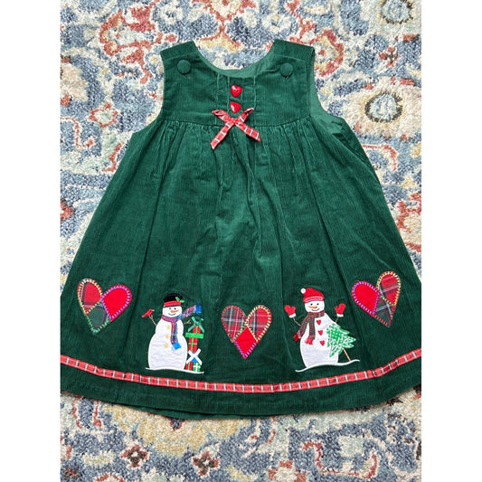 Holiday Dress Girls 24 Months Green Corduroy Appliqué Snowman Heart EUC0