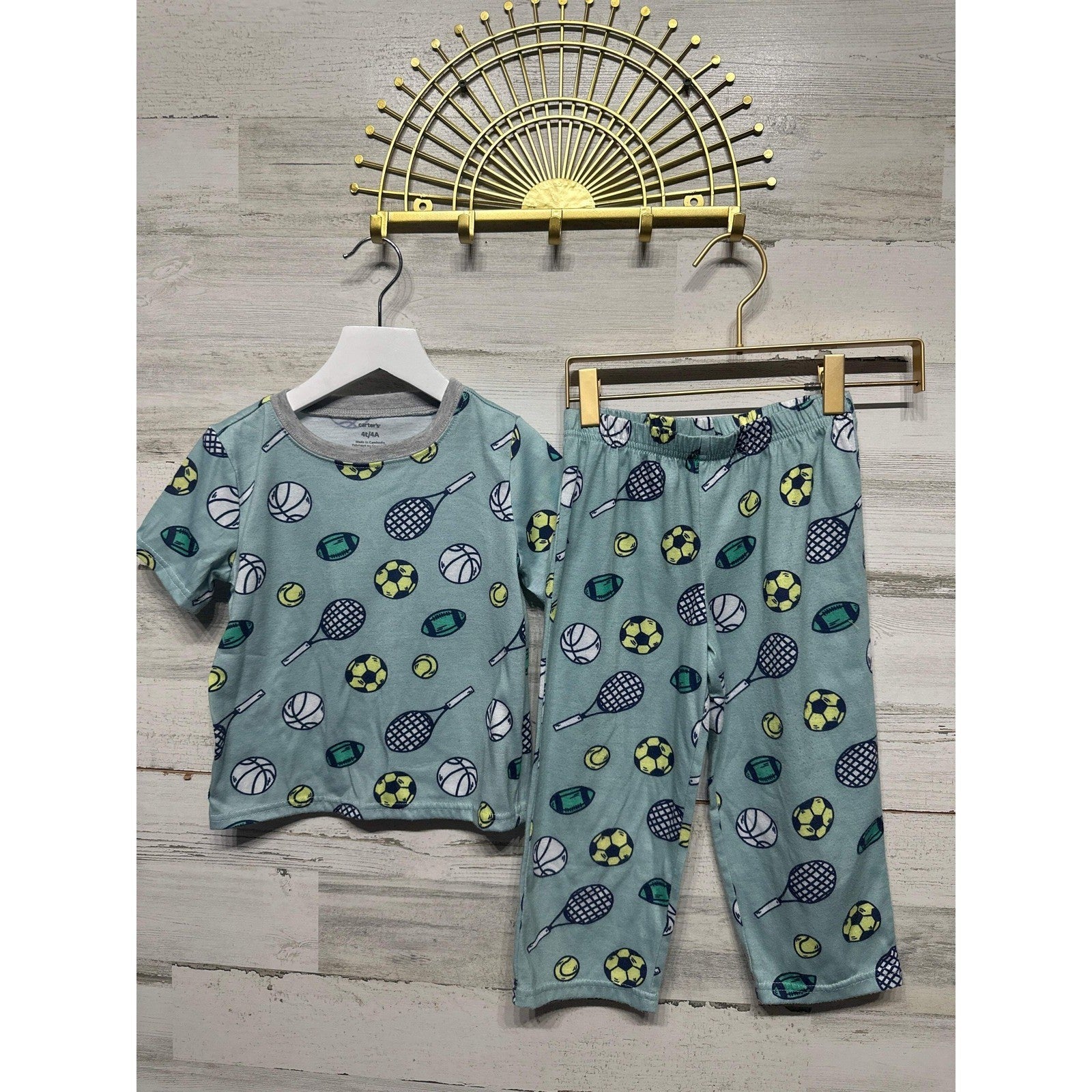 Carter's Pajama Set Boys 4T Sage Green Sports Print EUC0