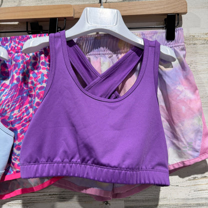 BCG Activewear Set Shorts Sports Bras Girls L 12-14 Purple Pink Pattern Modern2