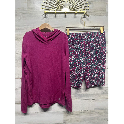 BCG Activewear Set Girls 12/14 Magenta Hoodie and Patterned Bike Shorts EUC0