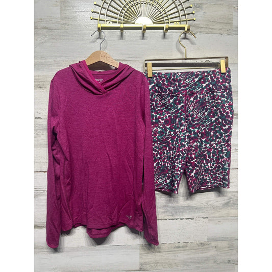 BCG Activewear Set Girls 12/14 Magenta Hoodie and Patterned Bike Shorts EUC0