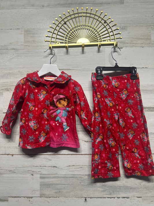 Y2K Nickelodeon Dora the Explorer Pajamas Girls 24M Red Fleece Winter Set GUC0