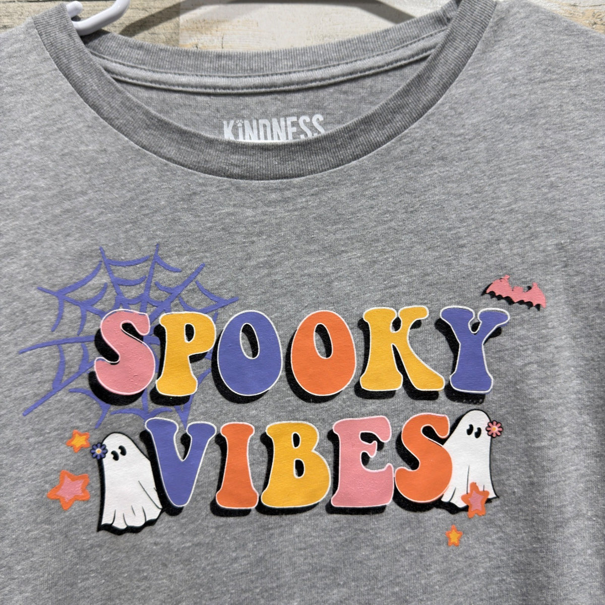 Kindness & Confetti Spooky Vibes Tee Women M Gray Ghost Graphic Retro EUC1