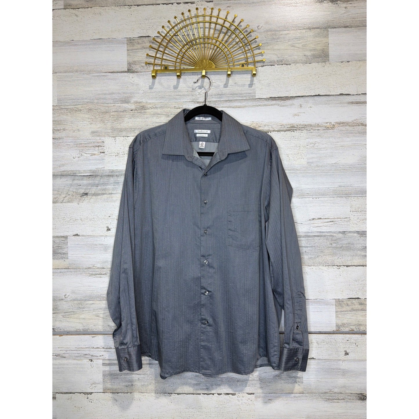 Van Heusen Dress Shirt Men 17 34/35 Grey Royal Herringbone Regular Office EUC0