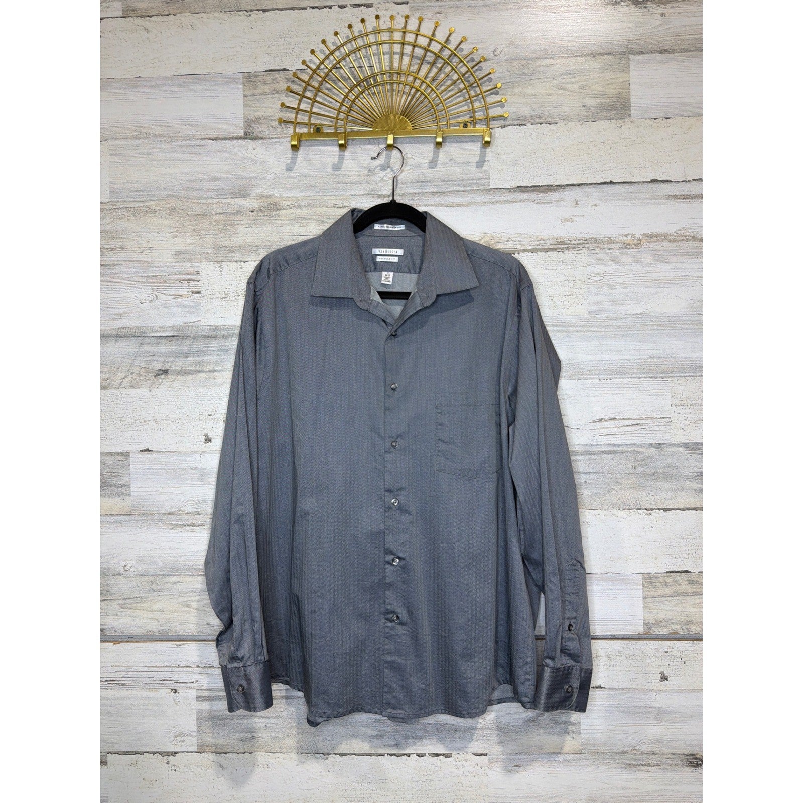 Van Heusen Dress Shirt Men 17 34/35 Grey Royal Herringbone Regular Office EUC0
