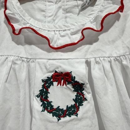 Southern Smocked Company Christmas Wreath Dress Girls 3T White Cotton Flawed*1