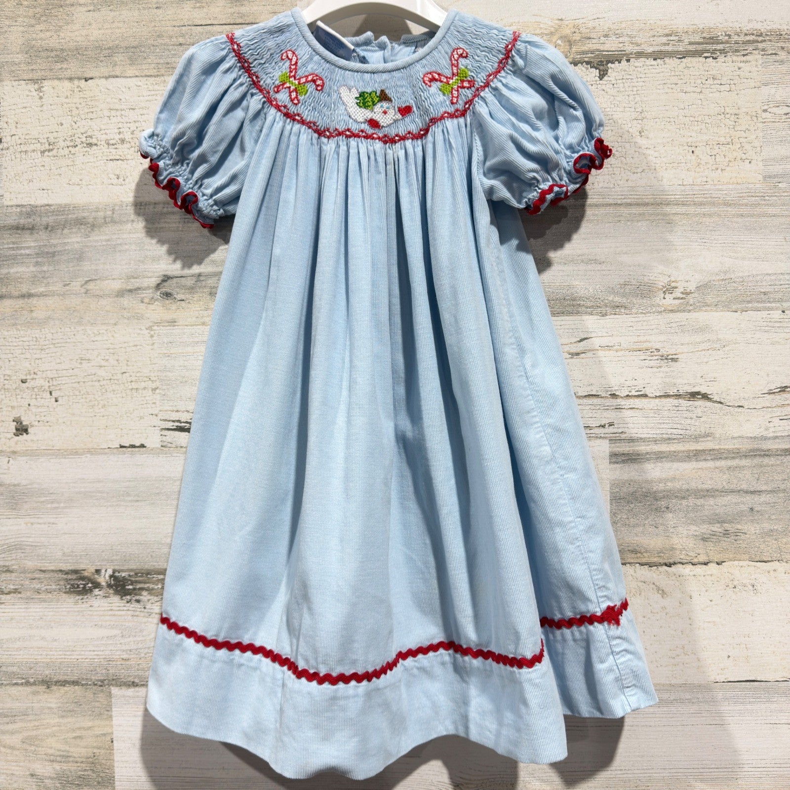 Smocktions Smocked Dress 2T Blue Corduroy Snowman Christmas Holiday *Flawed0
