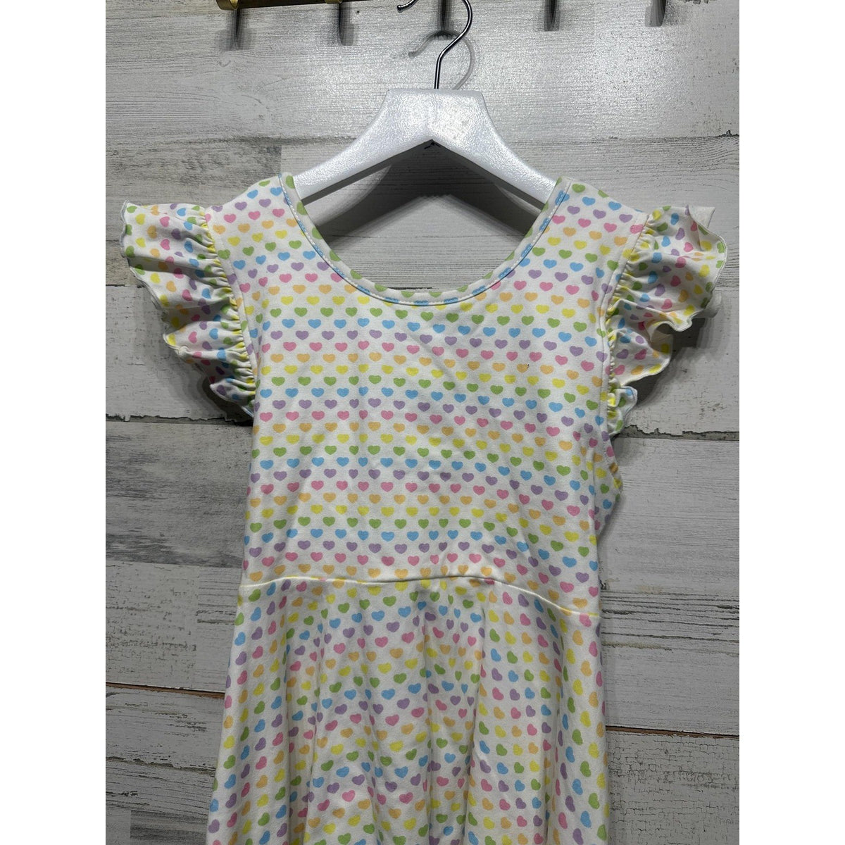 Serendipity Flutter Sleeve Dress Girls 10 White Rainbow Heart Print NWT1