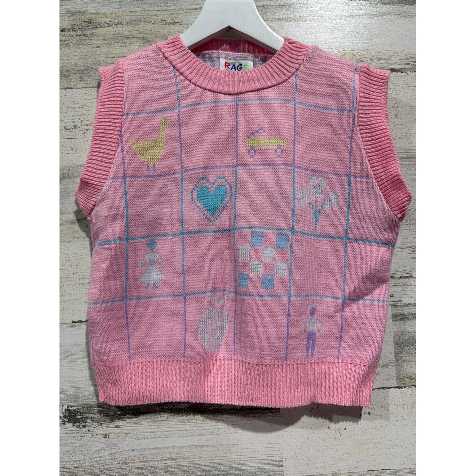 Vintage Rags Knitwear Sweater Vest Girls 18 Pink Novelty Windowpane Made in USA0
