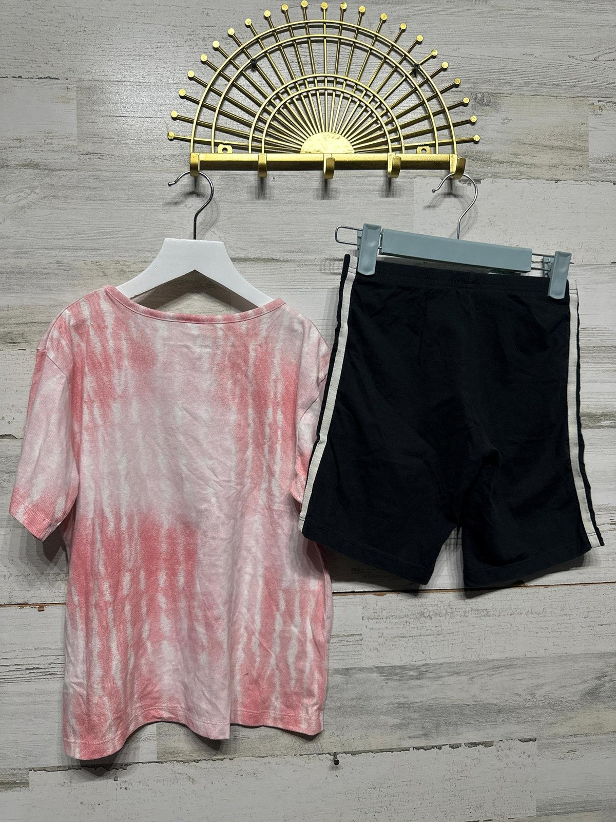 Adidas 2pc Shorts Set Girls 10/12 Pink Tie Dye Black 3-Stripe Athletic1